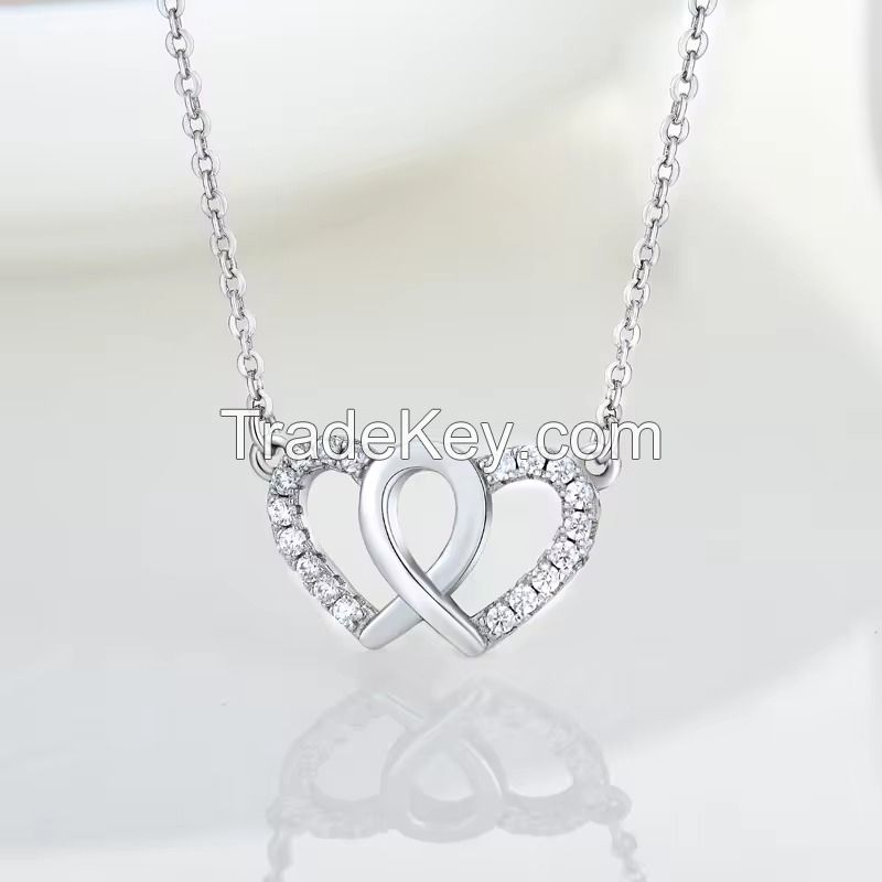 YASVITTI White Cubic Zirconia Trendy Rhodium Plated 925 Double Sterling Silver Heart Pendant Necklace Jewelry For Valentine Day Gift