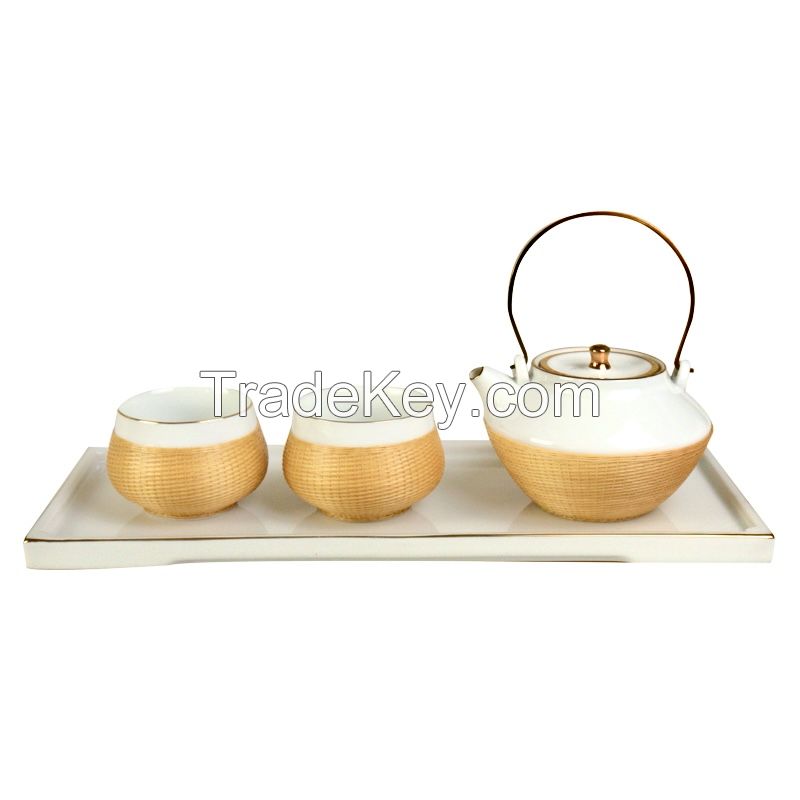 Handwoven bamboo porcelain tea set