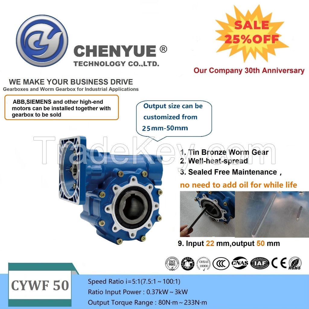 CHENYUE Large Input Hole Worm Gearbox CYWF50 Input 22mm Output 50mm Speed Ratio from 5:1/100:1 Speed 80-233N.m Engine 3Kw Free Maintenance