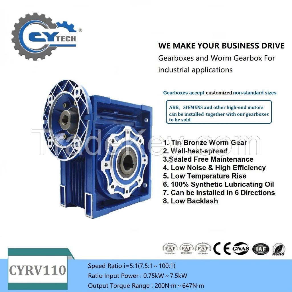 CHENYUE Worm Gearbox Reducer NMRV110 CYRV110 Input 19/24/28/38mm Output 42mm Speed Ratio from 5:1 to 100:1 Manufacture Free Maintenance