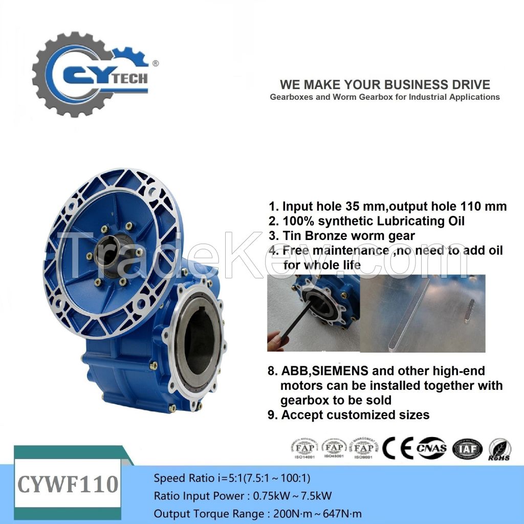 CHENYUE Worm Gearbox CYWF110 Input 35mm Output Hole 110mm Can OEM Shaft Speed Ratio from 5:1 to 100:1 CNC Free Maintenance