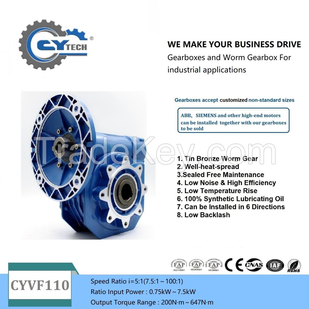 CHENYUE Worm Gearbox NMVF110 CYVF110 Input 19/24/28/38mm Output 42mm Speed Ratio from 5:1 to 100:1 Tin Bronze CNC Speed Gear Reducer Free Maintenance