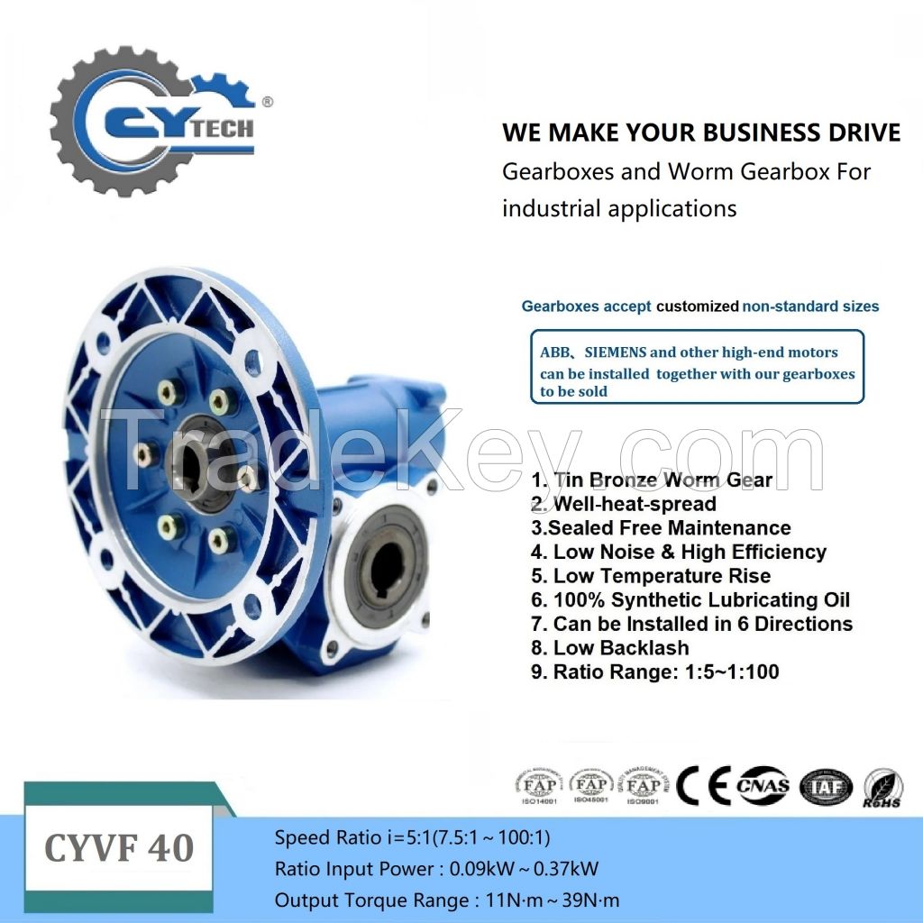 CHENYUE High Torque CNC Worm Gearbox NMVF40 CYVF40 Input 11/14mm Output 18mm Speed Ratio from 5:1 to 100:1 Tin Bronze Free Maintenance