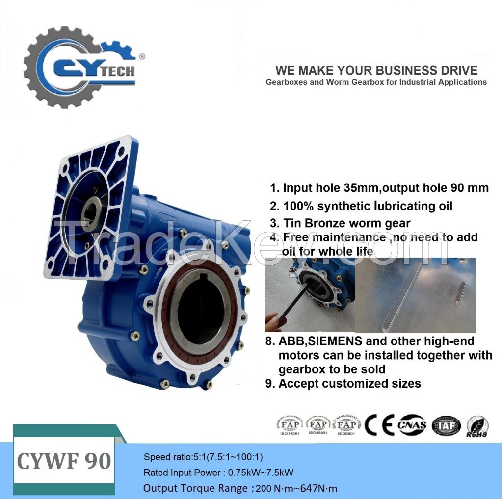 CHENYUE High Torque Worm Gear Reducer CYWF90 Input 35mm Output Hole 90mm Speed Ratio from 5:1 to 100:1 CNC Gearbox Free Maintenance