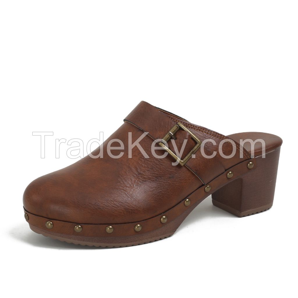 Vintage Buckle Studded Leather Clogs Women's leather clogs