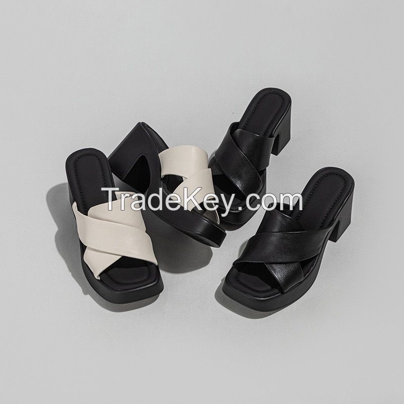 Women Chunky Heel Cross Strap Sandals