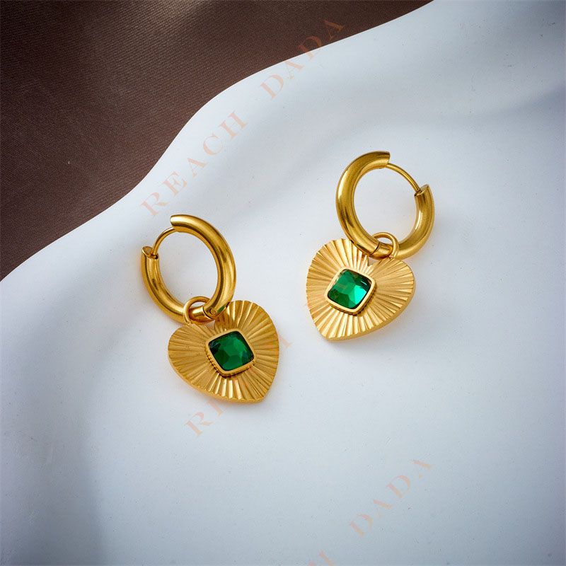 DaDa Fashion niche striped heart set green diamond pendant titanium steel round thick hoop ornament earrings