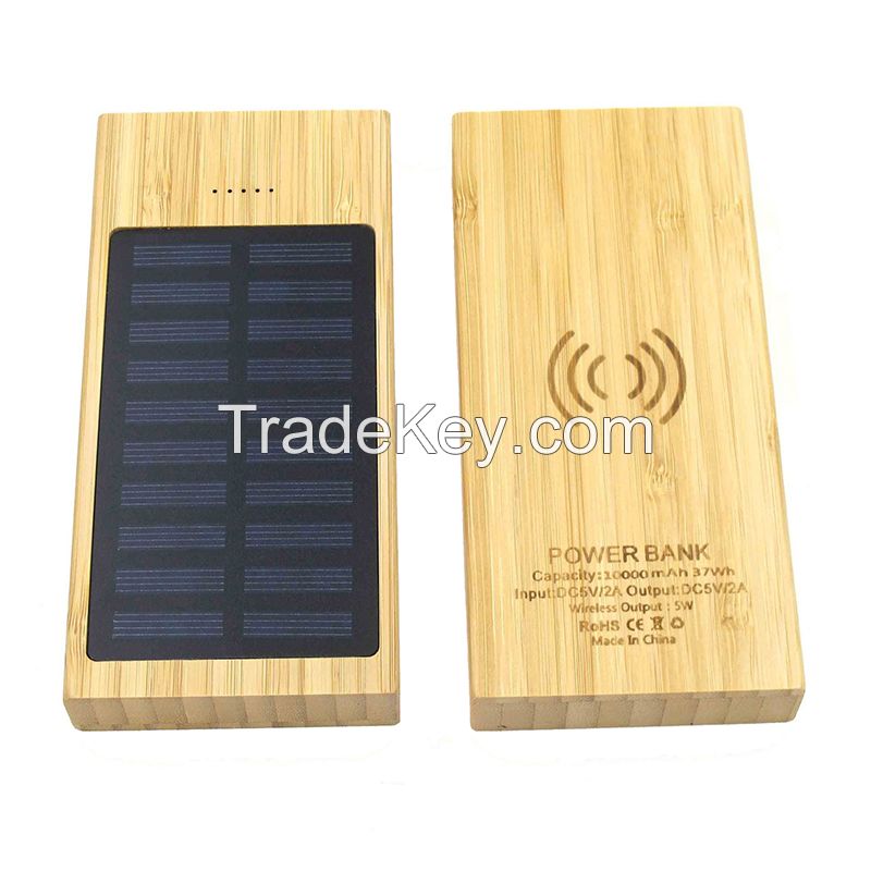 10000mAh Solar Bamboo Power Bank with Wireless Charging