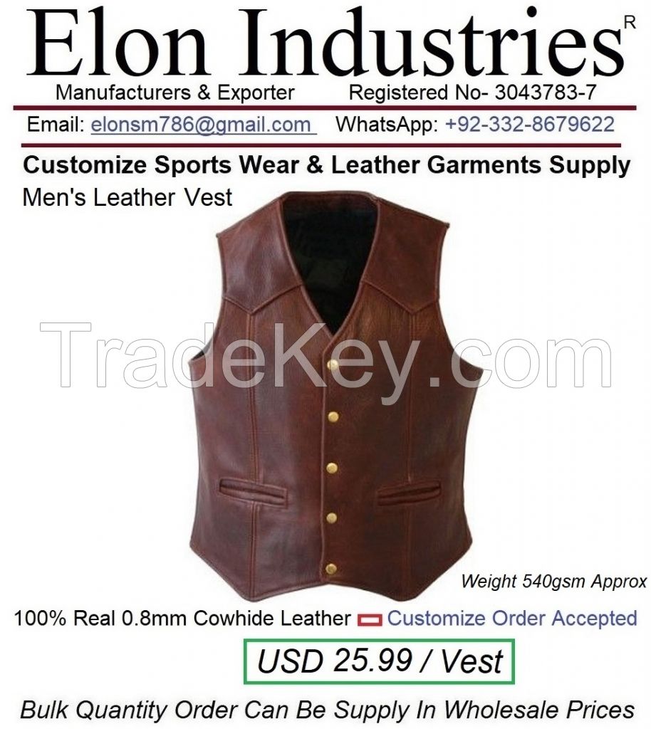 Men's Motorbike Leather Vest 100% Real Cow-hide 0.8mm Leather Material