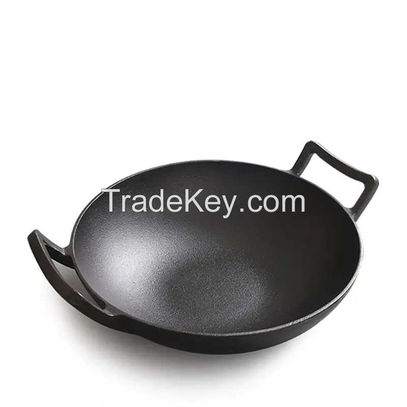 Chinese Traditional black round pre-flavoredNon Stick pan 32/36cm thickened flat cast iron wok with double handle