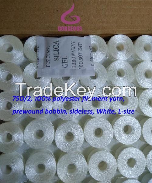 75D/2, 100% polyester filament yarn, prewound bobbin, sideless, White, L-size