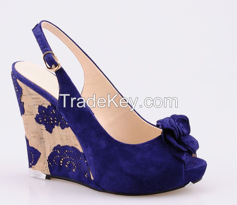 women sandals in applique wedge sheepskin suede leather