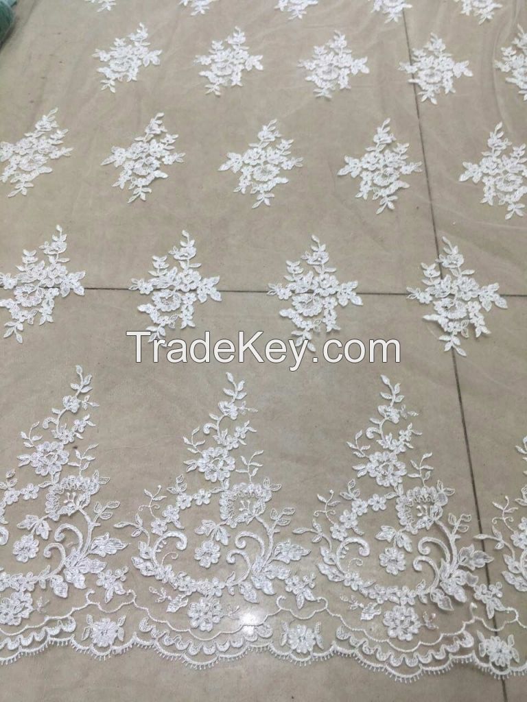 Fancy Corded embroidered Tulle French lace fabric  bridal dress evening dress fabric wholesale