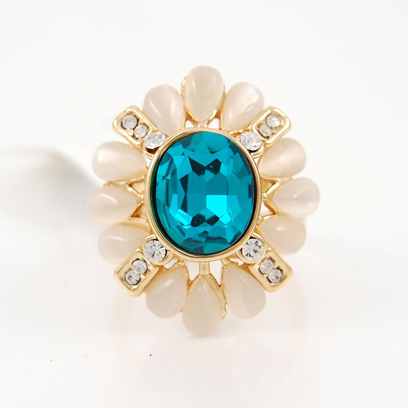 Factory jewelry wholesale gold plating statement ring with opal and blue crystal