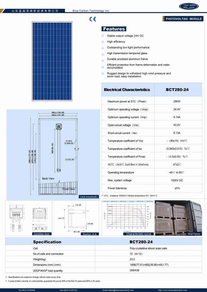 A Grade 24V 280W Poly Solar Panel