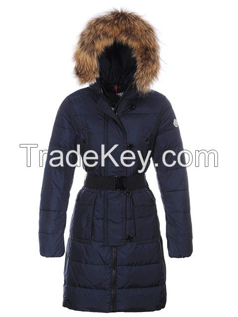 Mon-cler Down Long Blue Fur Cap And Waistband Women Coats