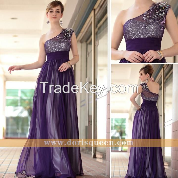 Left one shoulder transparent purple tulle  brides dresses with sequins 30653