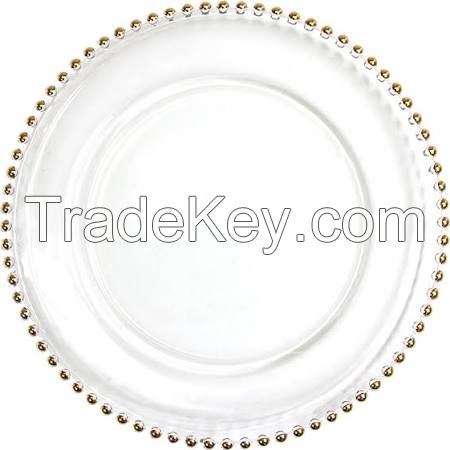 Gold Beaded Edge Clear Glass Charger Plates 13"