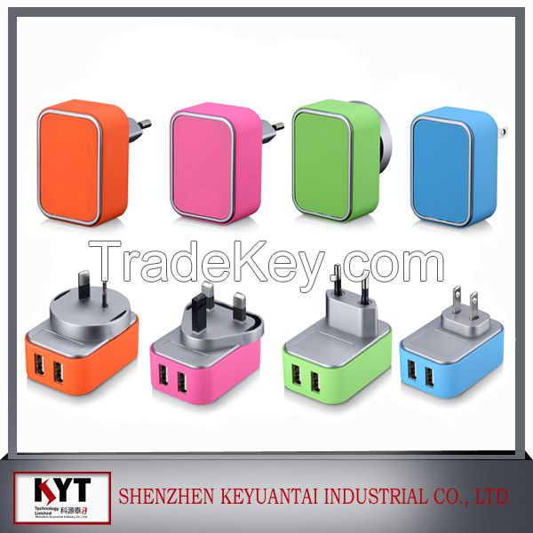 Portable 5V2A dual usb mobile phone chargers with CE FCC ROHS UL KC approved