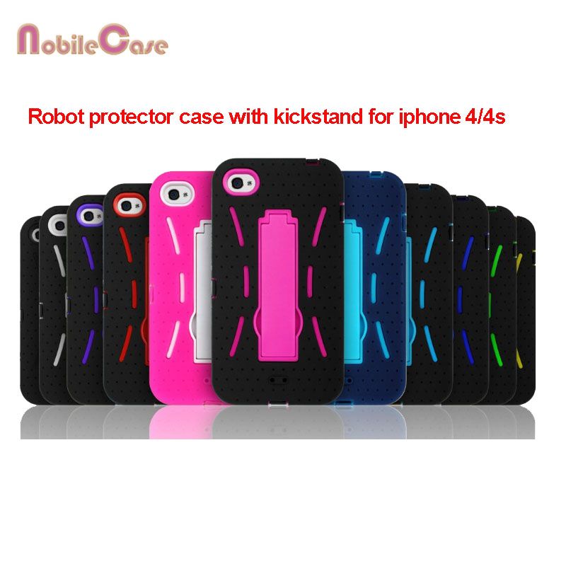 sell robot silicone + PC protector cover case with kickstand for iphone 4/4s