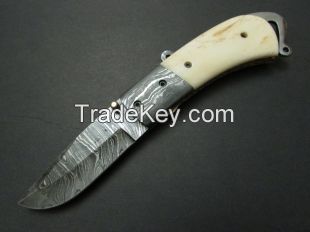 Damascus Folding Knife with Leather Sheath