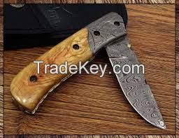 Damascus Folding Knife with Leather Sheath