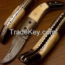 Damascus Folding Knife with Leather Sheath