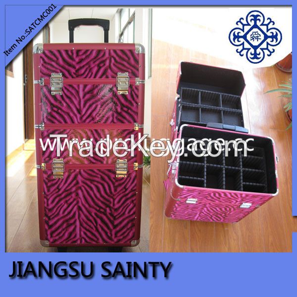 Pink color zebra pattern PU professional rolling makeup train case