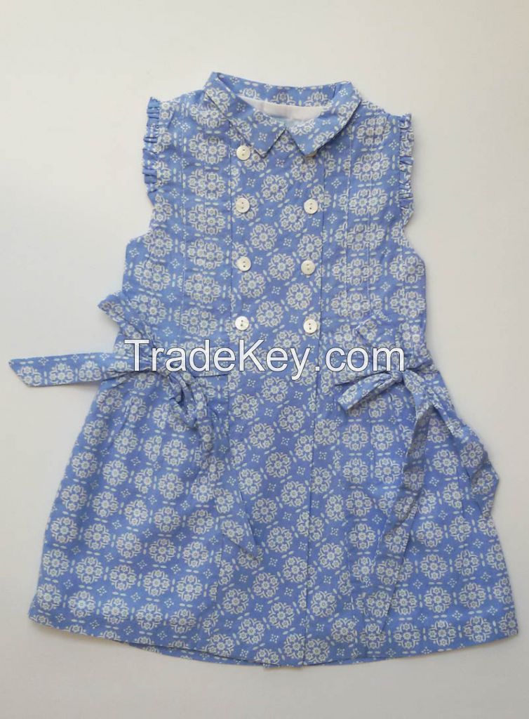 OEM services fashion blue whie flower print girl dress girl dress