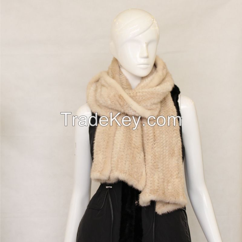 mink fur natural beige long knitted scarf