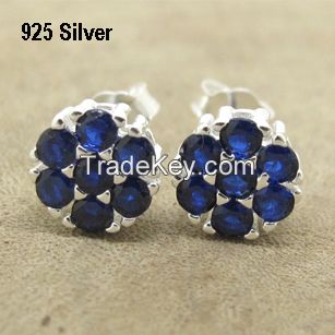 Sterling Silver Women Flower Stud Earrings Dark Blue Color, OEM Service Available