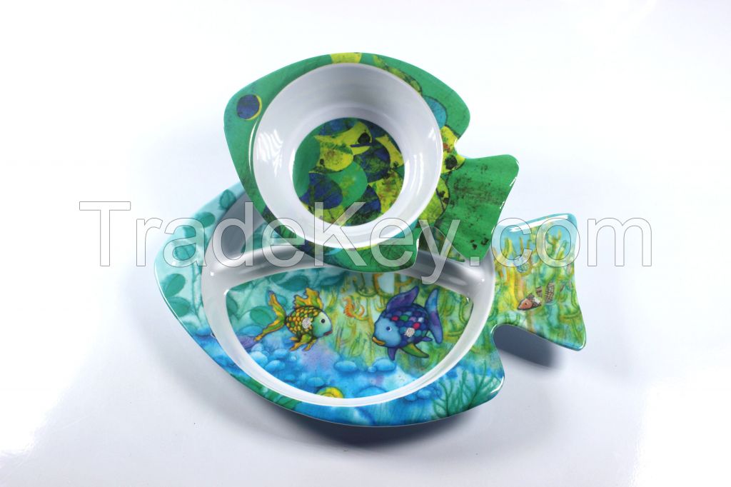 7.3'' fish melamine bowl and 10.2'' fish three section melamine plate