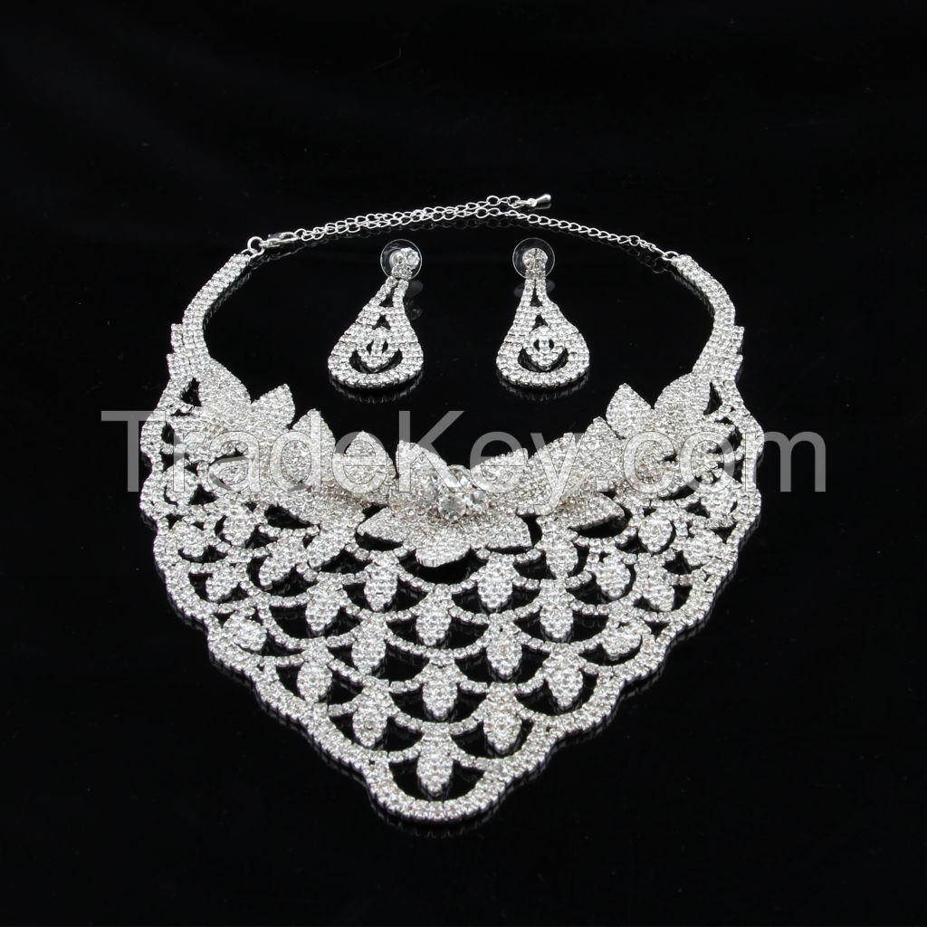 hot sale new silver fashion wedding bridal jewelry set with necklace and earrings