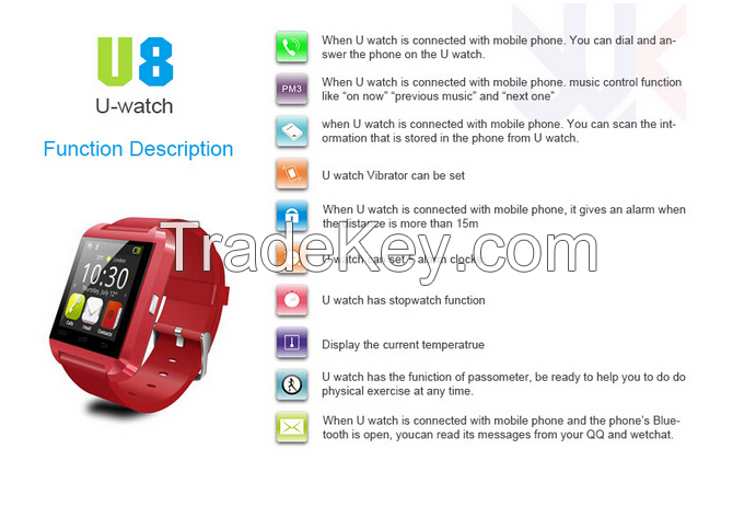 2015 New Bluetooth Smartwatches U8 Smart watch for IOS and Andriod Mobile Phone with bluetooth Wristwatch