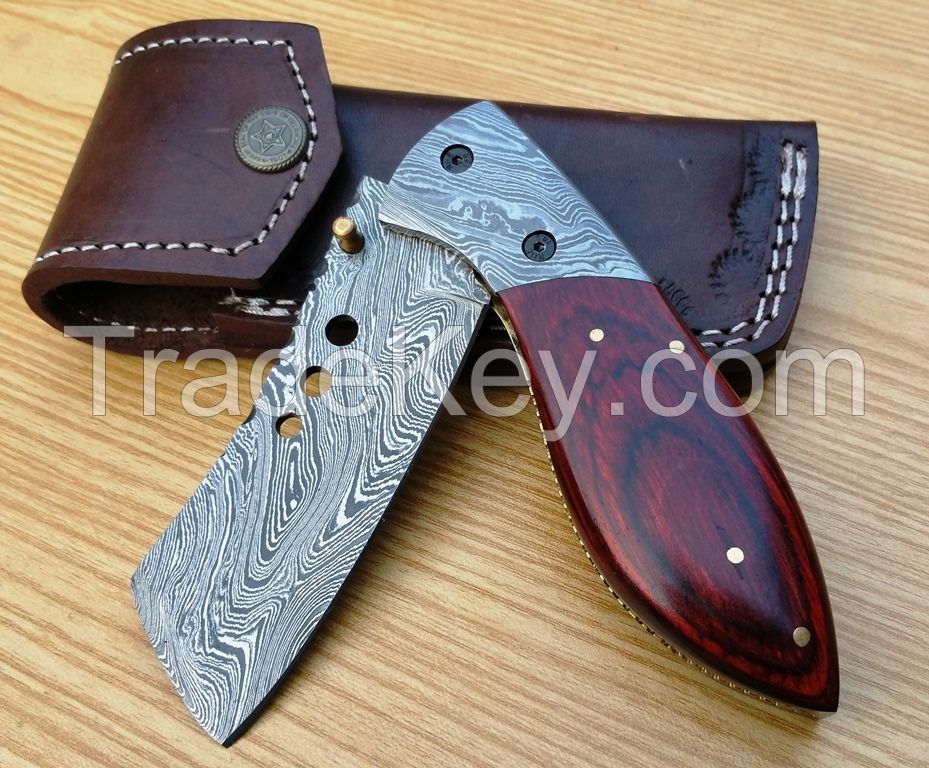 CUSTOM HAND MADE DAMASCUS STEEL TANTO LOCKABLE FOLDING KNIFE F-64