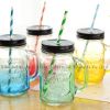 480ml clear glass mason jar juice jar for beverage with handle and plastic straw