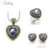 Sobling antique bali style designer inspired jewelry set with 4 clovers and gold dots decorated and sapphire heart CZ bezel settings by white rhodium for women lady