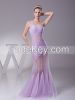 One Strap Pleated Tulle Evening Dress with Sheer Skirt