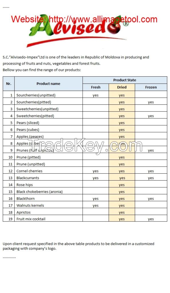 Sourcherries(unpitted) Sourcherries(pitted) Sweetcherries(unpitted) Sweetcherries(pitted) Pears (sliced) Pears (cubes) Apples (peaces) Apples (cubes) Prunes (half unpitted) Prune (pitted) Prune (unpitted) Cornel cherries Blackcurrants Rose hips Black chok