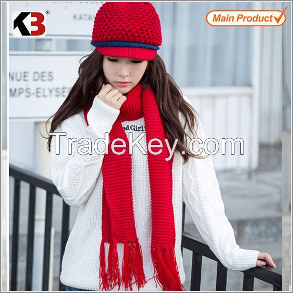 2015 Fashion plain 100% cotton winter hats shawl knitted scarf lady