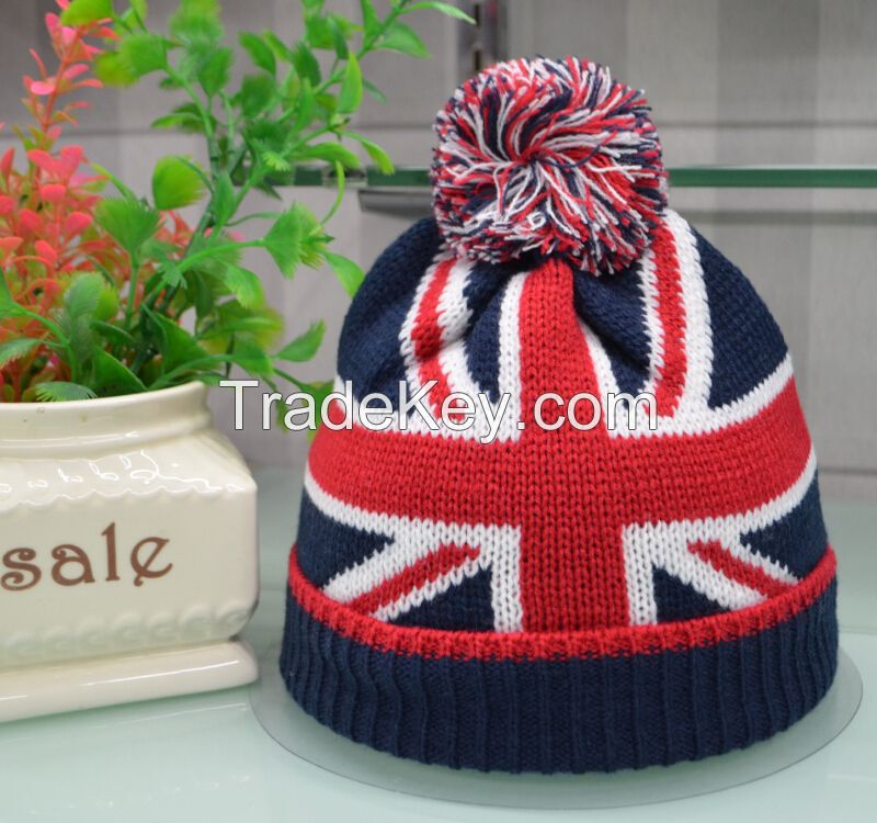 knit USA flag beanie skull ski pom pom hats