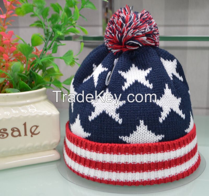 knit USA flag beanie skull ski pom pom hats