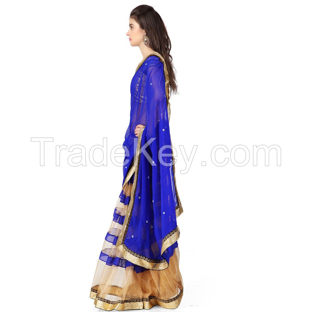 Designer Blue Net Half Half Party Wear Saree with Border