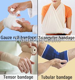 Bandage- Plaster/fibercast/adhesive elastic/orthopedic undercast/cotton gauze/crepe/elasticated crepe/triagular/tubular support/strips &amp;amp;amp; spots/ Surgical wound dressing/cotton ball/gauze roll/cotton rol/shoulder immobilizer/pouch arm sling/ cuf