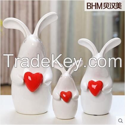 lovely family white red heart glazed rabbit for home furniture for gifts