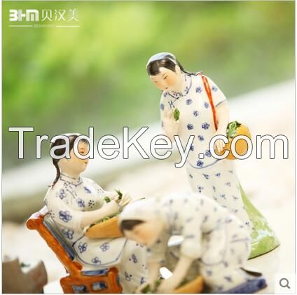 traditional chinese lady pick tea leave blue and white human figure for deco or present