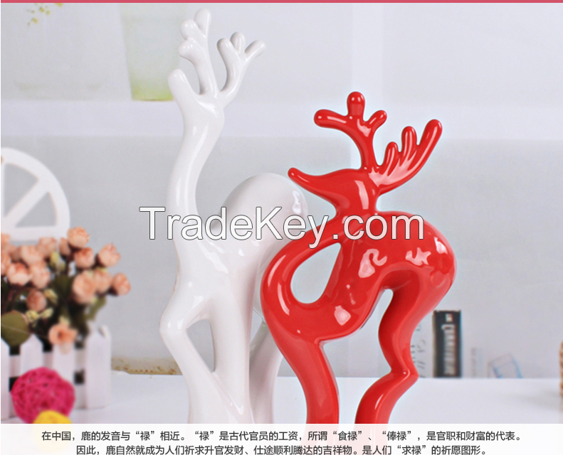 Pottery couple deer moden home decoration white &amp; red 2 pieces/Set ceramic handmade crafts