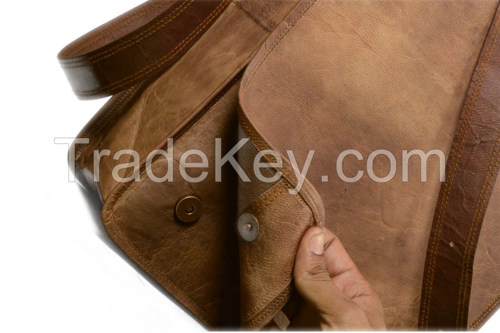 Real goa Vintage Leather Messenger Laptop Computer Briefcase Bag 16 Inch Brown