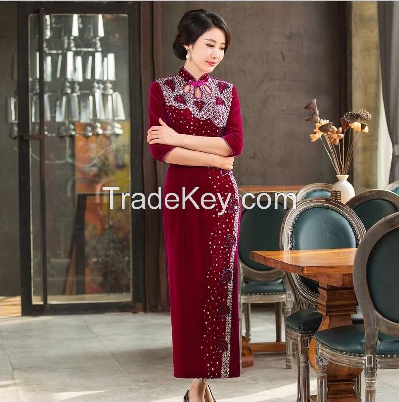 Fashion Elegant Vintage Handmade Beads Velvet Cheongsam/Vintage Qipao/