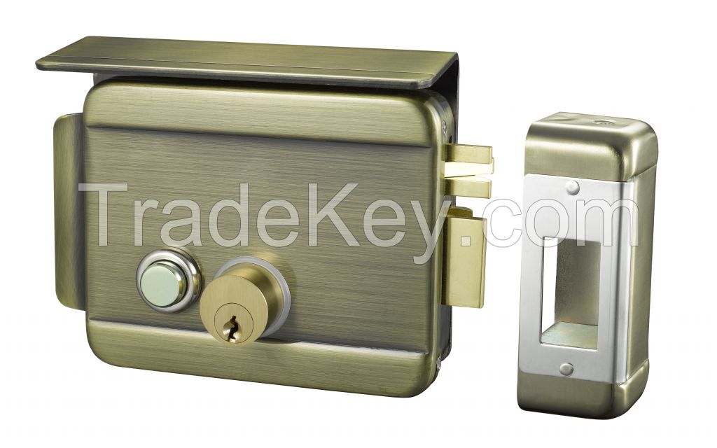 Electric Rim Door Lock with Cover Plate and Brass Connected Cylinders